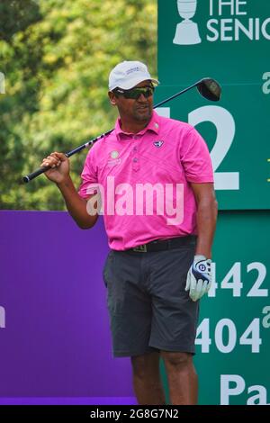 Sunningdale, UK. Juli 2021. Vorbereitungen für den Start der Senior Open Championship (Golf) mit Unterstützung von Rolex Here 2005 US Open Champion - Neuseeländer Michael CAMPBELL. Kredit: Motofoto/Alamy Live Nachrichten Stockfoto