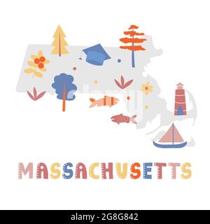 USA-Kartensammlung. Staatssymbole und Natur auf grauer State Silhouette - Massachusetts. Cartoon-Stil für den Druck Stock Vektor
