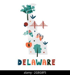 USA-Kartensammlung. Staatssymbole und Natur auf grauer Silhouette - Delaware. Cartoon-Stil für den Druck Stock Vektor