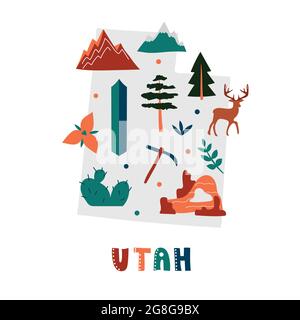 USA-Kartensammlung. Staatssymbole und Natur auf grauer Staatssilhouette - Utah. Cartoon-Stil für den Druck Stock Vektor