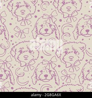 Vektor nahtlose Muster mit Umrissen von Hunden Köpfe mit Bogenknoten. Niedliches Design mit Hundegesichtern. Stock Vektor