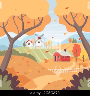 Herbst ländliche Landschaft mit Bäumen, Feldern, Häusern und Windmühle. Landschaft auf dem Land. Vektorgrafik im flachen Stil Stock Vektor