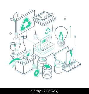 Abfallsortierung - isometrische Darstellung der grünen und schwarzen Linie. Ökologie, Recycling und Umweltschutz Idee. Glas, Zinn, Bio, Batterien, Ele Stock Vektor