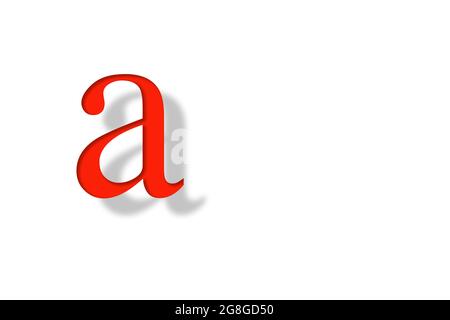 Kleingeschriebter roter Buchstabe 'A' mit visel und Schatten, auf weißem Hintergrund Stockfoto