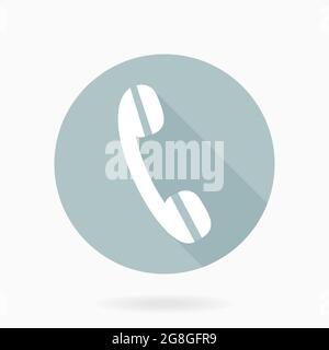 Weißer Vektor-Telefonempfänger im hellblauen Kreis. Flaches Design mit langem Schatten Stock Vektor