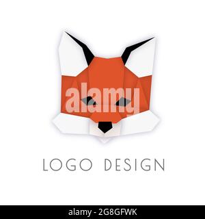Origami-Logo. Geometrischer polygonaler Fuchskopf. Original einfaches minimales Logo für Unternehmen, Projekte, Unternehmen. Schablone für Emblem, Etikett, Schild. Stockfoto