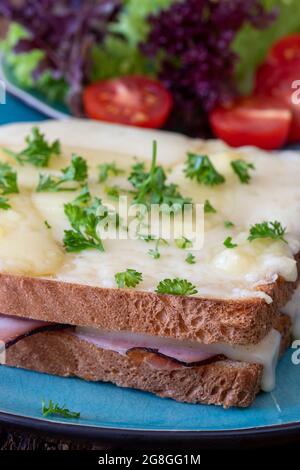 französischer Croque monsieur auf einem blauen Teller Stockfoto