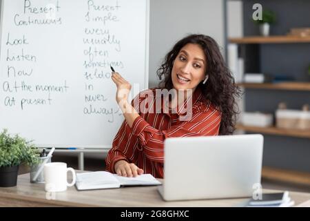 Englischlehrer erklärt den Schülern online neues Thema Stockfoto