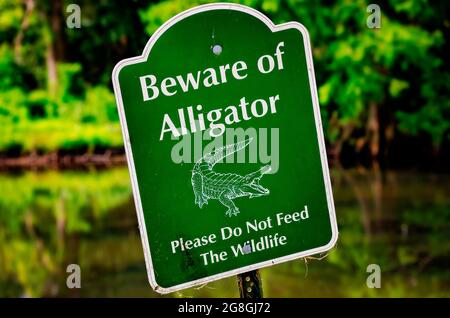 Ein Schild mit Vorsicht vor Alligator steht am See im Langan Park, 17. Juli 2021, in Mobile, Alabama. Stockfoto