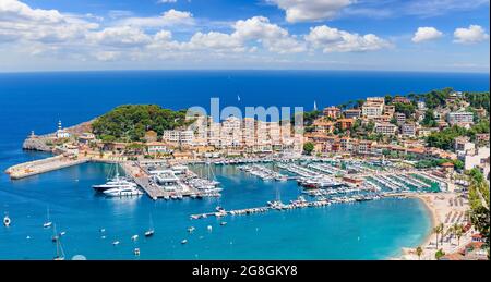 Luftaufnahme von Porte de Soller, Insel Mallorca, Spanien Stockfoto