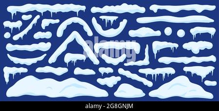 Cartoon Schneeverwehungen. Winterschneehaufen, Drifts, Fenster- und Dachkappen, Linien und Grenzen mit Eiszapfen. Weihnachten Frost Dekoration Vektor-Set Stock Vektor