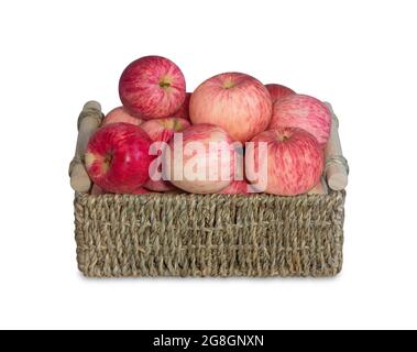 Rote Äpfel in einem Korb sind auf weißem Hintergrund isoliert. Frische, saftige Apfelfrüchte. Herbsternte. Stockfoto