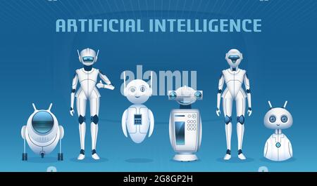 Robotergruppe. Cartoon moderne künstliche Intelligenz Charaktere, Androiden und Roboter Maskottchen. Futuristische Technologie Maschinen Vektor-Konzept Stock Vektor