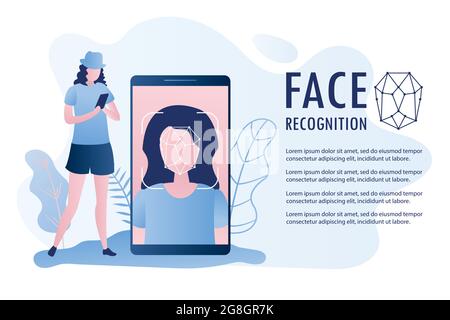 Beauty-Mädchen mit Handy, weibliches Gesicht auf großen Smartphone-Bildschirm, Gesicht-id-Konzept Hintergrund, Persönlichkeitserkennung, Banner mit Platz für Text, Vektor i Stock Vektor