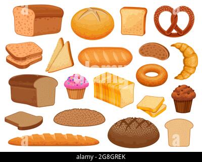 Cartoon-Brot. Süßes Gebäck, Cupcake, Croissant und Donut. Korn-Laib, Toastscheibe, Bagel, französisches Baguette und Backwarenvektor-Set Stock Vektor