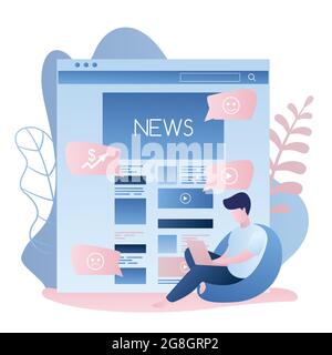 News Webseite oder mobile Anwendung und Hipster Kerl mit Laptop sitzt auf Stuhl, männlicher Charakter in trendigen einfachen Stil, Vektor-Illustration flaches Design Stock Vektor
