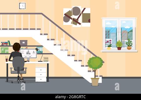 Home interior.Worlkplace unter der Treppe, Geschäftsfrau oder Freiberufler arbeiten, weibliche Rückansicht, Zimmer mit Möbeln, flache Vektor-Illustration Stock Vektor