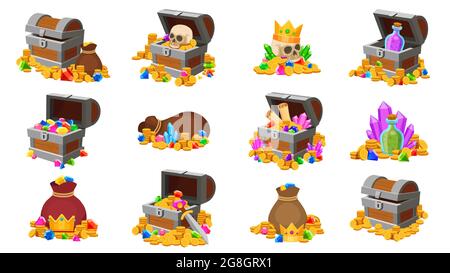 Schatzkiste. Cartoon Piratenmünzen mit Totenkopf, Diamanten, Landkarte und Tränke. Fantasy-Spiel Schatz Gold in Holzkisten und Taschen Vektor-Set Stock Vektor