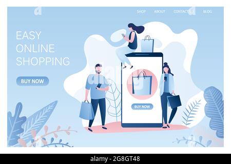 Großes Smartphone mit Shopping-Symbol und verschiedene Menschen mit Einkaufstaschen und Handys, einfache Online-Shopping Landing Page Tamplate, trendigen Stil ve Stock Vektor