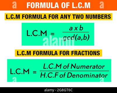 Formel der LCM-Mathematik im farbenfrohen Stil für Kinder mit attraktiven Farben zu lernen. Hintergrund moderner mathematischer Gleichungen Stockfoto