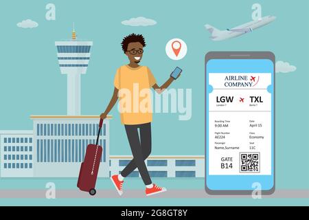 Glücklicher afroamerikanischer Mann mit Koffer und Smartphone, mobiler Online-Check-in, Flughafen und Abflug im Hintergrund, flache Vektorgrafik Stock Vektor