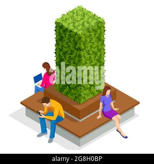 Isometrischer eco moderner Straßenbankvektor für Webdesign isoliert auf Weiß. Eine moderne Bank mit Blumenbeet in einem Stadtpark. Stadtverbesserung, Stadt Stock Vektor