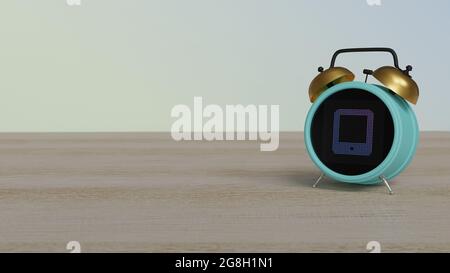 3d-Rendering von farbigem Wecker mit Symbol des Tablets auf Punktdisplay auf Holztisch mit farbiger Wand Stockfoto