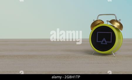 3d-Rendering von Farb-Wecker mit Symbol des Flachbildfernsehers auf Punktdisplay auf Holztisch mit farbigen Wänden Stockfoto