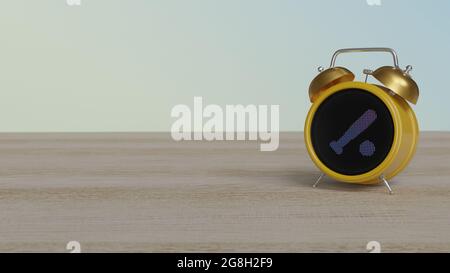 3d-Rendering von Farb-Wecker mit Symbol des Baseballschlägers für Spiel auf Punkt-Anzeige auf Holztisch mit farbigen Wand Stockfoto