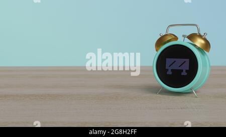 3d-Rendering von Farb-Wecker mit Symbol der Barriere Verkehr Straßenschild mit Streifen auf Punktanzeige auf Holztisch mit farbigen Wand Stockfoto
