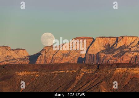 Der Vollmond, der über den dramatischen Bergen des Zion National Park aufgeht und von der untergehenden Sonne mit klarem Himmel erleuchtet wird. Stockfoto