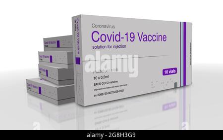 Covid-19-Impfstoffpackung. Impfung gegen das Coronavirus sars-COV-2. Eine Box für Spritzen mit Dosen. Abstraktes Konzept 3d-Rendering-Illustration. Stockfoto