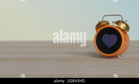3d-Wiedergabe von farbigem Wecker mit Symbol des Herzens auf Punktanzeige auf Holztisch mit farbigen Wand Stockfoto