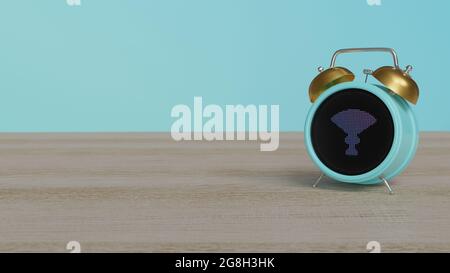 3d-Rendering von Farb-Wecker mit Symbol der chinesischen Fan-Dekoration auf Dot-Display auf Holztisch mit farbigen Wand Stockfoto