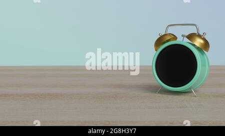 3d-Rendering von Farb-Wecker mit Symbol der Schäler zum Schälen von Häuten auf Dot-Display auf Holztisch mit farbigen Wand Stockfoto
