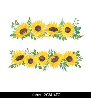 Sonnenblumen- und Laubrahmen, florale Komposition Aquarell-Illustration, Ackerbau-Sommerstrauß, Arrangement für Danksagerei, Grußkarte, Boho-Dekor, Hochzeitseinladungsvorlage Stockfoto