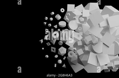 Abstrakte geometrische Formen in einem chaotischen Muster angeordnet. 3D-Illustration Stockfoto