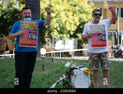 Genua, Italien. Juli 2021. 20 Jahre sind seit dem Massaker während der G8 in Genua vergangen. Die schwerste Aussetzung demokratischer Rechte in einem westlichen Land seit dem Zweiten Weltkrieg. Die Piazza Alimonda und die Diaz-Schule waren einige der Orte der Gewalt, die während der G8 2001 in Genua stattfand. (Foto von Claudia Rolando/Pacific Press) Quelle: Pacific Press Media Production Corp./Alamy Live News Stockfoto