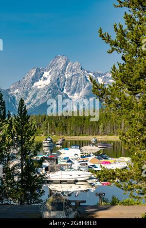 Sonnenaufgang auf den Tetons bei Coulter Bay Stockfoto