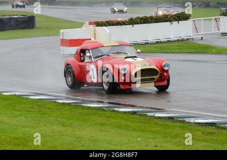 AC Cobra 289 Rennwagen-Rennen in einer Wet RAC Tourist Trophy beim Goodwood Revival Historic Event, Großbritannien. Oldtimer Stockfoto