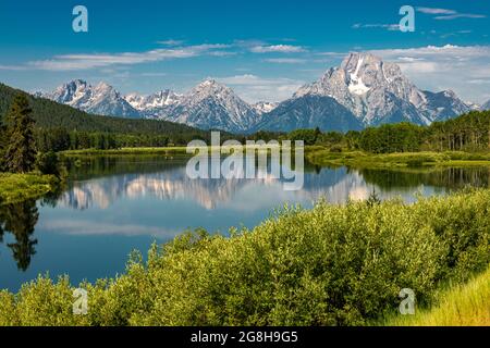 Blick auf die tetons vom Oxbow Bend Stockfoto