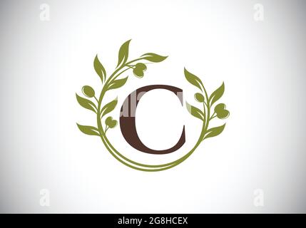 Anfangsbuchstabe C Zeichen Symbol mit Olivenzweig Kranz. Runder floraler Rahmen aus dem Olivenzweig. Logo der Agrarindustrie Stock Vektor