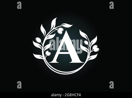 Anfangsbuchstabe EIN Zeichen-Symbol mit Olivenzweig-Kranz. Runder floraler Rahmen aus dem Olivenzweig. Logo der Agrarindustrie Stock Vektor