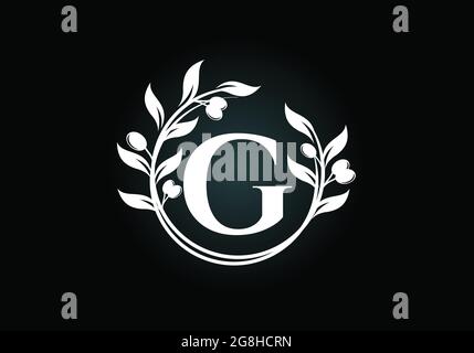 Anfangsbuchstabe G Zeichen Symbol mit olivem Zweigkranz. Runder floraler Rahmen aus dem Olivenzweig. Logo der Agrarindustrie Stock Vektor