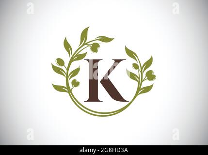 Anfangsbuchstabe K Zeichen Symbol mit Olivenzweig Kranz. Runder floraler Rahmen aus dem Olivenzweig. Logo der Agrarindustrie Stock Vektor