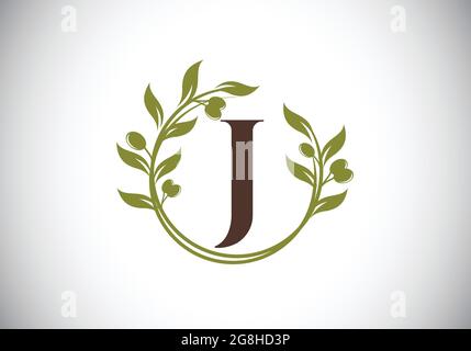 Anfangsbuchstabe J Zeichen Symbol mit olivem Zweigkranz. Runder floraler Rahmen aus dem Olivenzweig. Logo der Agrarindustrie Stock Vektor