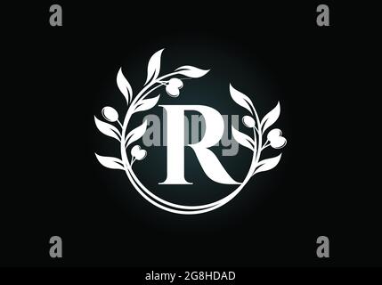 Anfangsbuchstabe R Zeichen Symbol mit Olivenzweig Kranz. Runder floraler Rahmen aus dem Olivenzweig. Logo der Agrarindustrie Stock Vektor