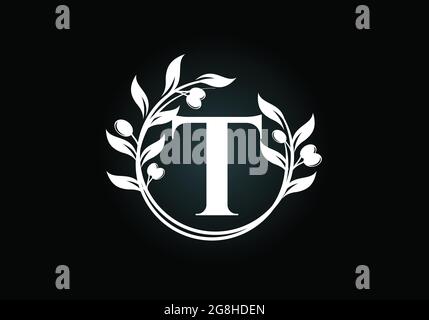 Anfangsbuchstabe T Zeichen Symbol mit Olivenzweig Kranz. Runder floraler Rahmen aus dem Olivenzweig. Logo der Agrarindustrie Stock Vektor