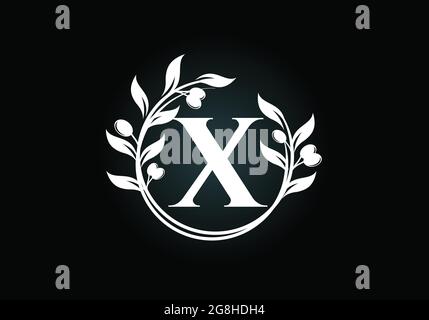 Anfangsbuchstabe X Zeichen Symbol mit Olivenzweig Kranz. Runder floraler Rahmen aus dem Olivenzweig. Logo der Agrarindustrie Stock Vektor