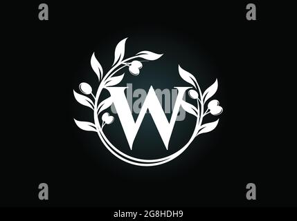 Anfangsbuchstabe W Zeichen Symbol mit Olivenzweig Kranz. Runder floraler Rahmen aus dem Olivenzweig. Logo der Agrarindustrie Stock Vektor